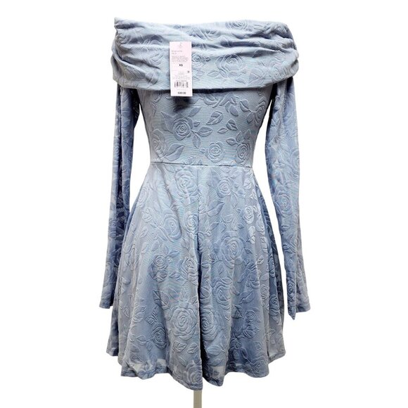 Blue Floral Jacquard Off-Shoulder Long Sleeve Dress Size XS - Picture 2 of 13
